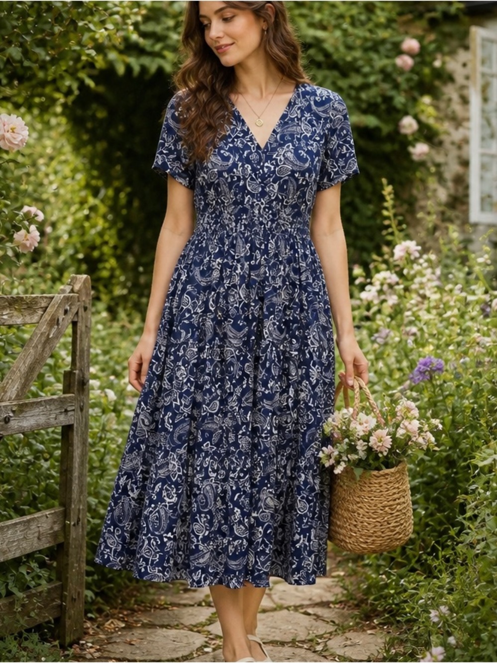 Kate & Sam Navy White Floral Cotton Smocked Midi Dress Size Medium Cottagecore